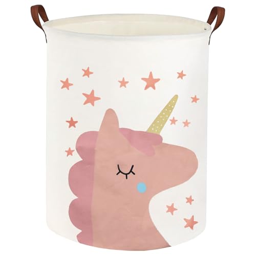 Wäschekorb Kinder, Einhorn Wäschekorb Kinder, Wäschekorb Kinderzimmer Baumwolle mit wasserdichter PE-Beschichtung, 35 cm breit x 50 cm hoch Aufbewahrung Kinderzimmer (Rosa -Einhorn)