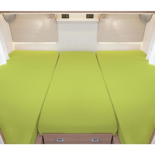 G BETTWARENSHOP – Spannbettlaken für Wohnmobile & Wohnwagen – Spannbetttuch Set 3-teilig für 2 Längsbetten + Mittelteil – Jersey Bettlaken für Heckbetten 2 Längsbetten + Mittelteil apfelgrün