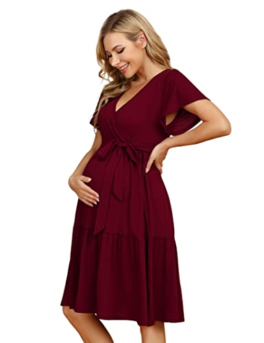 KOJOOIN Damen Umstandskleid V-Ausschnitt Stillkleid Casual Schwangerschafts Kleider mit Rüsche Burgundy(Kurzarm) S