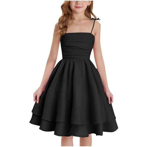 XINYUNZU Mädchen Kleider A-Linie Spaghettiträger Sommerkleid Elegant Festliches Kleid Einfarbig Kinder Freizeitkleid Ärmellos Party Prinzessin Kleid für 8-14 Jahre Schwarz 10-11 Jahre