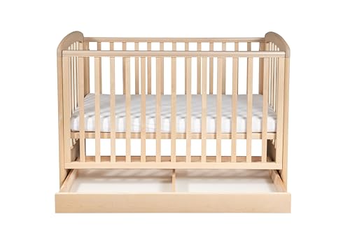 Babybett Nina aus Massivholz mit Schublade,mit Matratze 100% gesteppter Baumwolle, 120 x 60 x 8 cm, Komplett Set,1 in 3 umbaubar Baby- Jugendbett, Gitterbett aus Birke, Kinderbett.