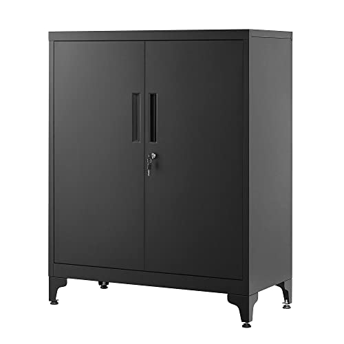 SONGMICS Aktenschrank, Mehrzweckschrank, Büroschrank mit 2 Türen, Schrank abschließbar, Aufbewahrungsschrank aus Stahl, für Arbeitszimmer, Wohnzimmer, Mattschwarz OMC013B01