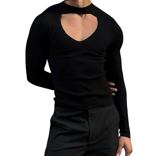 Ruamilyy Rollkragenshirt Herren Cut Out Crop Tshirts Sexy Oberteile Y2K Kurz Slim Fit Bluse Casual Top Long Sleeve Tshirts für Frühling Herbst Einfarbig Basic Tshirt