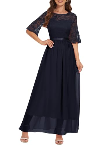 Wedtrend Cocktailkleid Damen Langärmeliges Kleid A Linien Kleid Damen Sommer Spitzenkleid Damen Strandkleid Damen Lang WT0314 Navy S