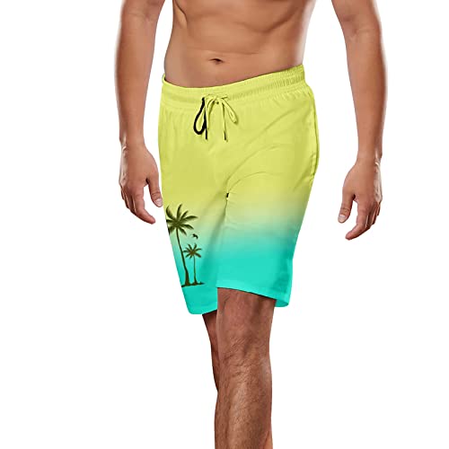 QWUVEDS Hawaiianische Strandshorts für Herren Herren Sommer Meer Freizeit Sport Laufen Mode Kordelzug Strandhose Shorts Badehose Kariert Herren (Yellow, XXXXL)