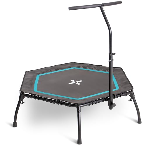 SportPlus Fitness Trampolin klappbar für zuhause, mit höhenverstellbarer Haltestange, gelenkschonend, weiche Gummiseilfederung, sehr leise & bis 130 kg belastbar, Petrol