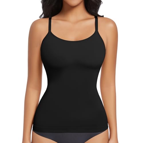 ONEW Shapewear Unterhemd Damen Bauchweg Formende Camisole Top Taillentrainer Kompressions Trägertop Nahlose Cami Shirt Schwarz L