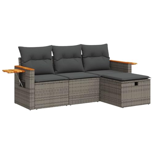 vidaXL 4-TLG. Garten-Sofagarnitur mit Kissen Grau Poly Rattan, Outdoor Sofa Set, Outdoor Sofagarnitur, Garten-Lounge-Set, Garten Sofagarnitur