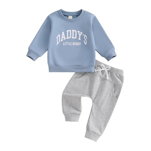 Geagodelia Vatertag Baby Oufit Junge Sommer Kleidung Set Langarm Sweatshirt Oberteil und Hose Bekleidungssets für Jungen (Daddy's Little Buddy Hellblau, 0-6 Monate)