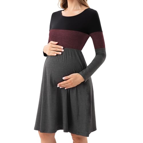 Bearsland Women’s Long Sleeve Maternity Dresses Patchwork Pregnancy Dress with Pocket, Barn Red, XL