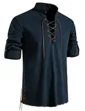 LucMatton Herren Retro Schnürung Mittelalter Kostüm Hemden für Halloween Cosplay Wikinger Pirat Steampunk Vampir Renaissance Gothic Viktorianische Kleidung Marine Klein