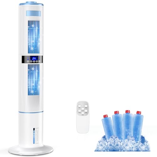Klimaanlage Mobile Klimagerät Turmventilator Luftkühler mit Wasserkühlung Klimaanlage Ohne Abluftschlauch 65W Ventilator Verdunstungskühler 24h Timer 4 Modi Mit 4L Wassertank Fernbedienung 4 Kühlakku