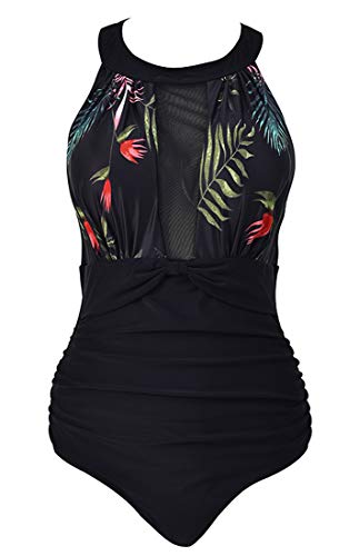 VILOREE Damen Schlankheits Badeanzug Raffung Einteiler High Neck Bademode Strandmode Blumen #2 4XL