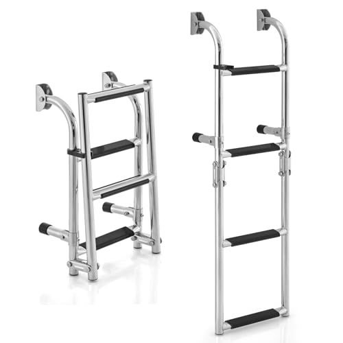 RELAX4LIFE Bootsleiter mit 4 Stufen, Poolleiter Klappbar, Badeleiter Edelstahl, Pontonleiter mit Rutschfesten Stufen, Tragkraft 200 kg, Schwimmbadleiter für Schwimmbad Deck Boot