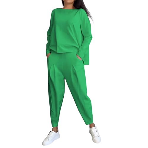 Damen Must Haves Trainingsanzug 2024 Mode Pullover Oversize Jogginganzug Casual Hosenanzug Bequem Hausanzug 2 Teiler Sportanzug Freizeitanzug Blusen Jogginghose Kleidungsset(A03 Green,L)