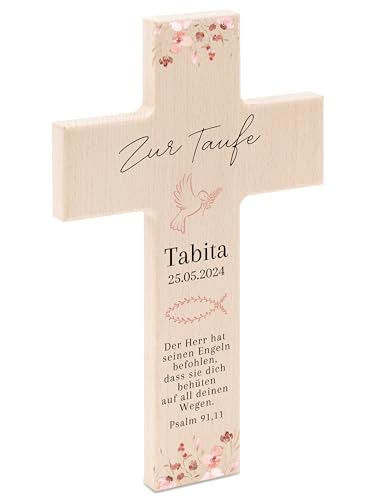 Bärenfreunde® - Personalisiertes Taufkreuz mit hochwertigem Spezial-Druck aus massivem Buchenholz - Taufe Geschenk - Holzkreuz Taufe (Blumen Taufpsalm)