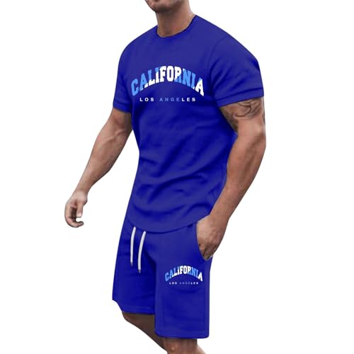 Anzugsack Teilig Trainingsanzug Jogginganzug Bequemes Sommeroutfit Übergroße Sportbekleidung Zweiteiliger Männer Fitnessanzug Kurzarm T-Shirt + Shorts Pyjama Loungewear Jogginghose Set(Blau,XXL)