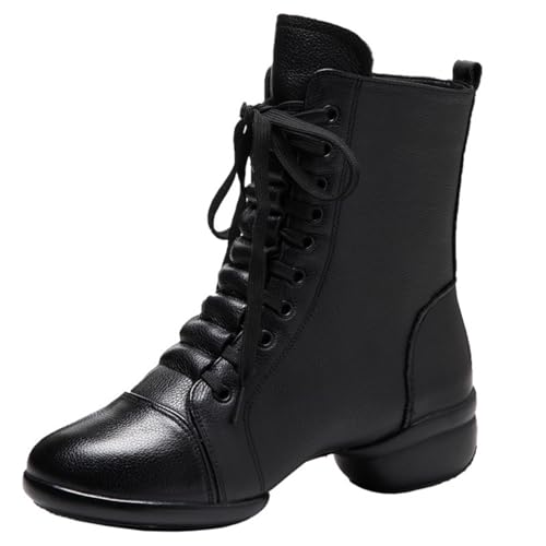 Amtopiyo Jazz-Tanzstiefeletten für Damen, echtes Leder, geteilte Sohle, Schnürschuh und seitlicher Reißverschluss, Tanzschuhe, Schwarz, 39 EU