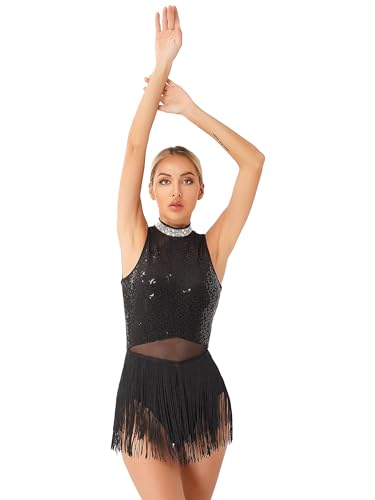 TTAO Damen Pailletten Tanz-Body Ballettbody Ärmellos Glitzer Gymnastikbody Ballett Trikot Leotard Latein Overalls Turnanzug Ballettanzug Schwarz A XXL