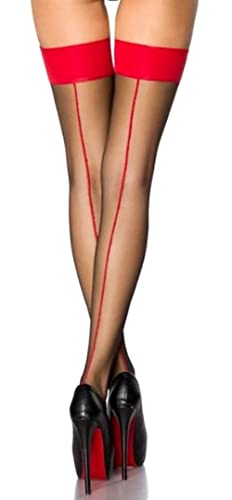 krautwear® Damen Naht Straps Strümpfe Schwarz Mit Roter Cuban Heel (schwarz-rot-9039)