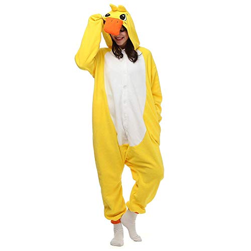 dressfan Tier Ente Kostüm Ente Jumpsuits Ente Pyjamas Cosplay Kostüm Weihnachten Halloween Schlafanzug für Unisex Erwachsene Jugendliche Kinder Gelb L