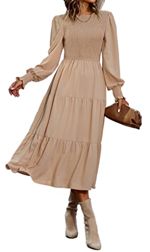 VOGMATE Damen Casual Smocked Kleid Langarm Rundhalsausschnitt High Waist Tiered Midi Kleid, Khaki L