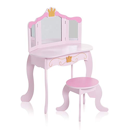 Baby Vivo Kinderschminktisch Schminkkommode Kosmetiktisch Frisierkommode Frisiertisch Make-Up Tisch mit klappbaren Spiegeln und Hocker aus Holz - FIONA