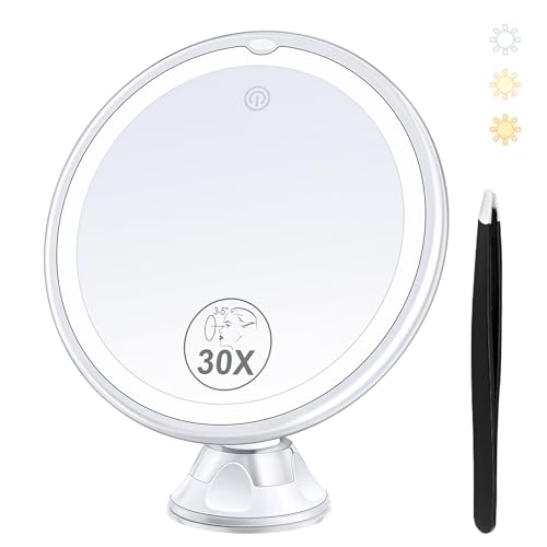 MIYADIVA Vergrößerungsspiegel mit Licht 30X, 30X Vergrößerung Make-up-Spiegel für Präzision Make-up, 3 Farben Modi und einstellbare Helligkeit, 360°Rotating Saugnapf Spiegel für Bad Spiegel 8 Zoll