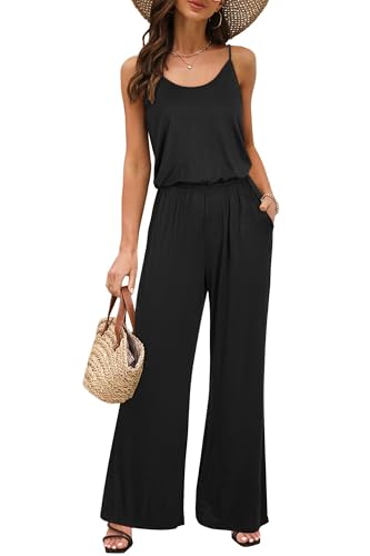 OUGES Damen Sommer Ärmellos Jumpsuit Overall Lang Hosenanzug Casual Playsuit Romper mit Taschen(Schwarz,L)