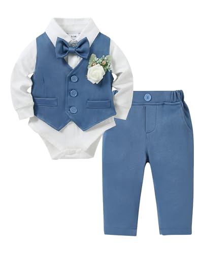 ZOEREA Baby Jungen Gentleman Anzug, Kleinkind Hochzeit Taufe Festliche Langarm Strampler Hemd + Fliege + Weste + Korsage + Hosenträge Blau, 6-12 Monate