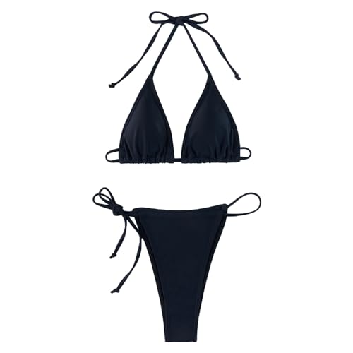 Bikini 38 Schwarz Damen-Bikini-Set mit Persönlichkeit, modisch, bequem, heiß, gestreift, einfarbig, mit Trägern Teenager Bikini Badeshorts (Black, M)