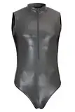 ML-Sport24 Wetlook Herren Stringbody mit Kragen Frontreißverschluss ohne Ärmel, glänzend, stretch, 80% Polyamid 20% Elasthan XXL, Schwarz