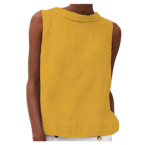 Baumwoll-Leinen-Oberteil für Damen, ärmellos, Basic-Sommer-Tank-Top, lässiger Rundhalsausschnitt, lockere Passform, bequemes T-Shirt Damen-Tanktop aus Leinen, einfarbig, großer fallender Kragen