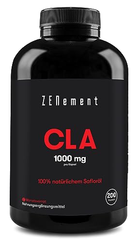 CLA Kapseln, 1000 mg CLA, 200 Softgels | Konjugierter Linolsäure aus 100% reinem Safloröl für Männer und Frauen geeignet | Sport, Fitness, Training | Conjugated Linoleic Acid | Zenement