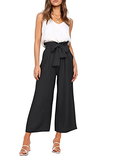 FANCYINN Damen 2 teiliges Crop Pants Set mit weitem Bein Wide Strap V-Ausschnitt Tank High Waist Cropped Paper Bag Hose mit Gürtel Schwarz L