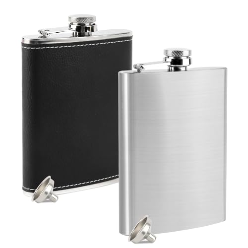 2 Edelstahl Flachmann und 2 Trichter, 8oz/227ml Fassungsvermögen Flask, RISVOWO Flachmann Leder Klein Geeignet Zum Tragen von Alkohol Set für Stilvolles Trinken Unterwegs (Schwarz & Silber)
