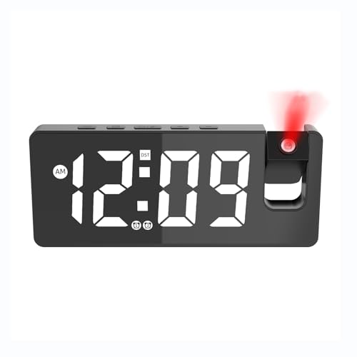 Wecker Mit Projektion, 7.4" Digital LED-Spiegeluhr, Projektionswecker mit um 180° Drehbarem, Projektionsuhr mit Dual-Wecker, Temperatur, Dimmer, Snooze, USB Phone Ladegerät, Klangkontrolle für Kinder