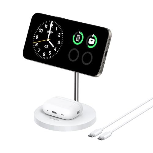 Anker MagGo 15W Magsafe Ladegerät kompatibel, 2-in-1 Induktive Ladestation, Qi2 Wireless Charger für iPhone 16/15/14/13/12, AirPods Pro, Mit 1,5m USB C Kabel, ohne Netzteil