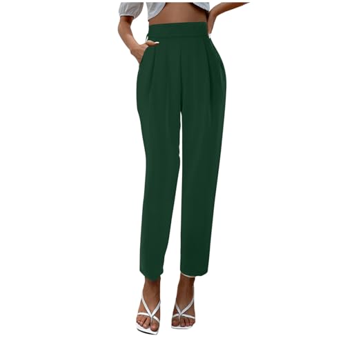 2025 - Damenhose aus Satin mit hoher Taille und lockerer Passform und Seidentaschen Damen Weiße Hose Risse (Dark Green, S)