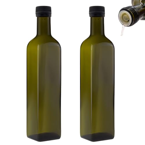 2x Ölflasche 500ml mit Ausgießer grün/braune Ölspender Glasflasche mit Dosierer und Etiketten