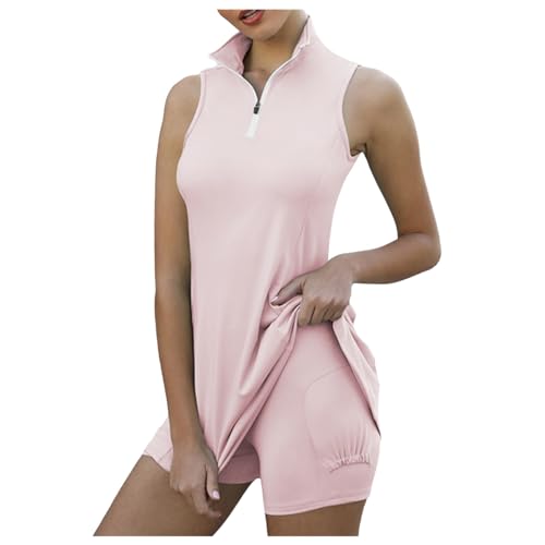 Damen-Tenniskleid mit Shorts, aktives Training, Workout, Sport, Sport-Kleider für Damen mit Reißverschlusstaschen Sonnenblume Kostüm Röcke Mit Gummizug Zweiteiliges Outfit Damen Kleid Damen (Pink, M)