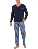 Demegimi Herren Schlafanzug Lang Streifen Baumwolle Winter Pyjama Nightwear Set Langarmshirt gestreifte Schlafanzughose für Männer,Marineblau,XL