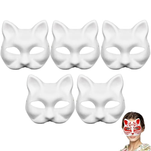 Tcnzdy 5 Stück Therian Mask, Reinweiß Katzenmaske Heimwerkerfreundlich Cat Mask Katzen Masket Tiermasken und Masken Kostüm Amüsant Katzenmasken Zum Anmalen Leicht Tiermasken Zum Bemalen