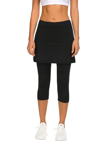 PINSPARK Rock mit Leggings Damen Hohe Taille Tennisrock 2-In 1 Schnelltrocknend Sportrock Winter Hockey Laufen Skates Röcke Golf Yoga Hosenrock Schwarz M