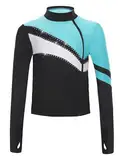 HULIJA Mädchen Sportshirt Langarm Trainingsshirt mit Reißverschluss Schnelltrocknend Sport Oberteile mit Strass Laufshirt T-Shirt Yoga Blau Grün 134-140