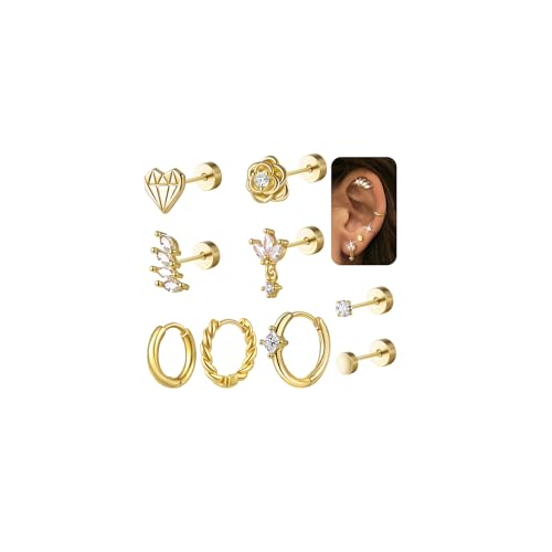 jagosen 9Pcs Helix Piercings Silber 925 Gold Chirurgenstahl Ohrringe Piercing Set aus Kristall-Details & Blumen-Designs, Flatback Ohrstecker für Damen, Tragus/Conch/Lobe Piercing Ohr Schmuck