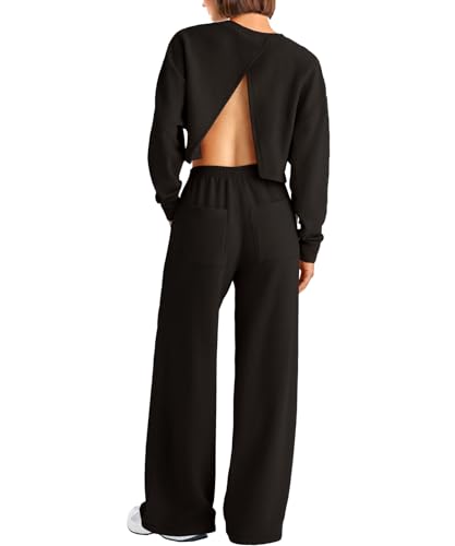 Navneet Zweiteiler Damen Oversize Jogginganzug Rückenfreies Oberteil Pullover Lounge Set Jogginghose Baggy Hoodie Outfit Set Schwarz S