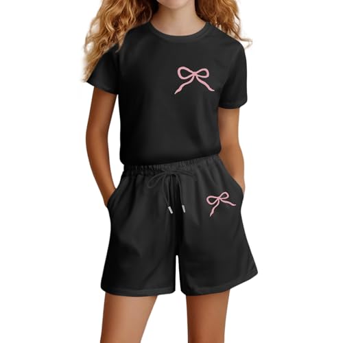 Sportbekleidung Kinder 140 Mädchen Set Baumwolle 2 Teiler Sportanzug Schwarz Pink Ribbon Kurze Hose Und T-Shirt Sport Mode Sommer Outfit Freizeit Trainingsanzug Jogging Kleidung Lässige 2 Piece Set