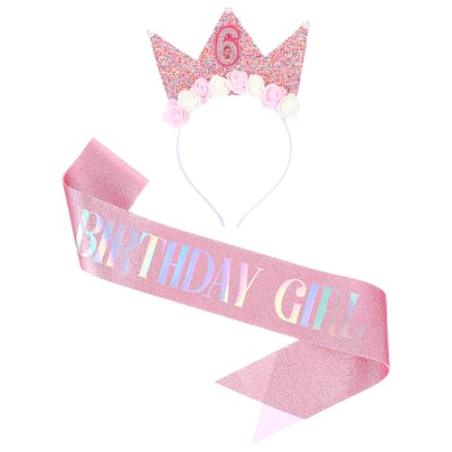 Gjinxi Geburtstagskrone Kinder Geburtstag Tiaras 6 Jahre Geburtstagsgürtel Glitzernde Baby Krone mit Blumen Kinderkrone Rosa Stoff Kindergeburtstag Party Deko Hut für Jungen Mädchen Partyhüte Supplies