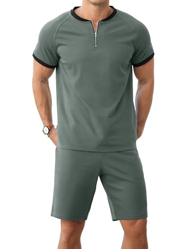 IWOLLENCE 2 Teiler Herren Sommer Poloshirt mit Reißverschluss und Sportshorts mit Taschen Fashion Outfit für Freizeit im Freien Herren Set (Green, L)